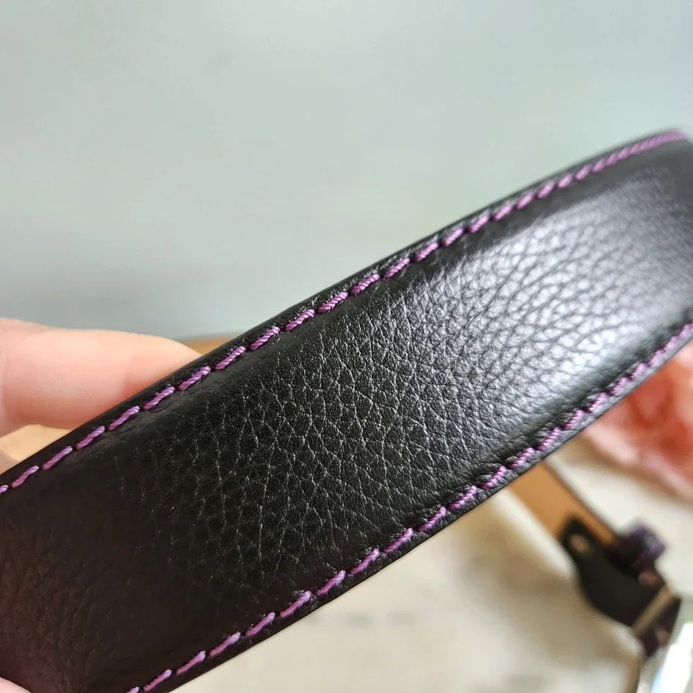 Roger Ximenez Black Leather Belt Purple Stitch Solid Brass Made in Italy‎